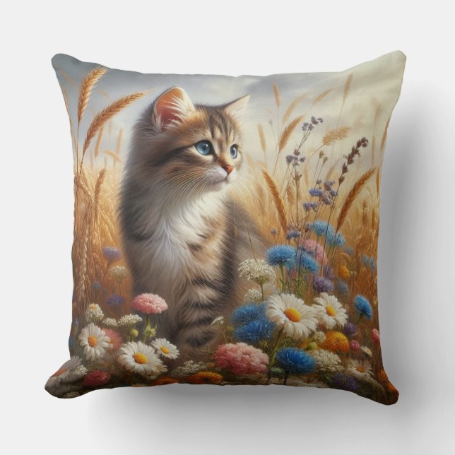 Tabby Kitten Cat Lover Floral 20x20 Cotton  Cushion (Front)