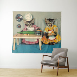 tabby kitten chef and tabby kitten assistant tapestry