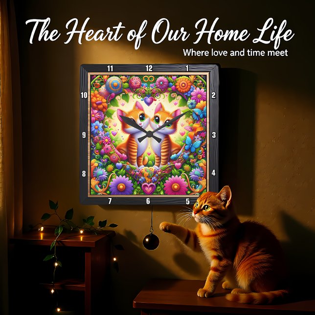 Tabby Kitten Floral Heart Wall Square Wall Clock (Creator Uploaded)