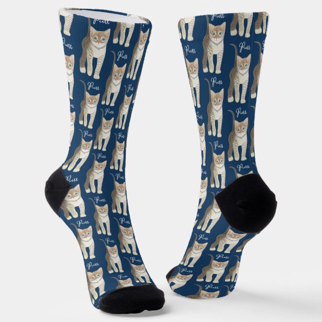 Tabby Kitten Funny Blue Socks (Angled)