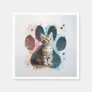 Tabby Kitten In a Watercolor Paw Print Napkin