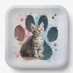 Tabby Kitten In a Watercolor Paw Print Paper Plate