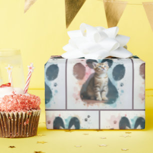 Tabby Kitten In a Watercolor Paw Print Wrapping Paper