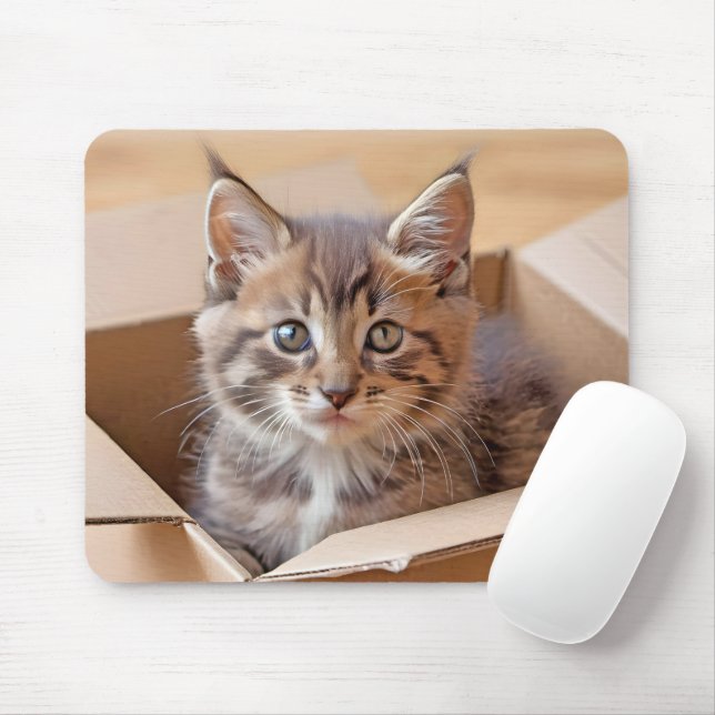 Tabby Kitten In Cardboard Box Mouse Mat (With Mouse)