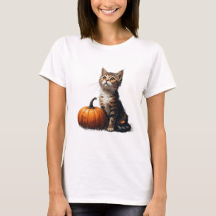 Tabby Kitten In Pumpkin Patch Halloween Scene 🎃 T-Shirt