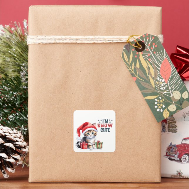 Tabby Kitten In Santa Hat Merry Christmas Square Sticker (Holiday)