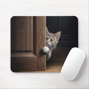 Tabby Kitten Peeking Around a Wooden Door Mouse Mat