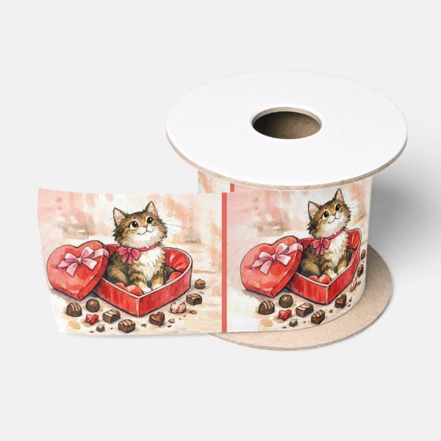 Tabby Kitten Sitting in a Candy Box Satin Ribbon (Spool)