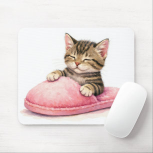 Tabby Kitten Sleeping in a Pink Slipper Mouse Mat