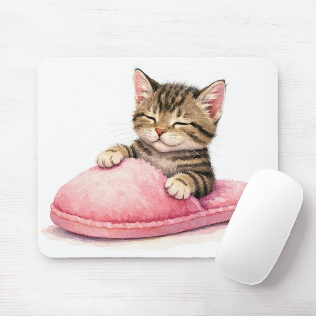 Tabby Kitten Sleeping in a Pink Slipper Mouse Mat (With Mouse)