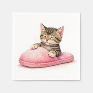Tabby Kitten Sleeping in a Pink Slipper Napkin