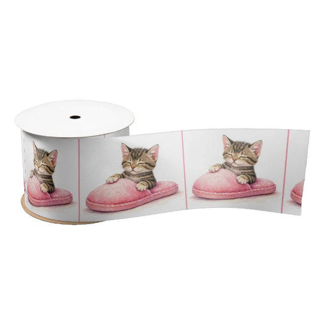 Tabby Kitten Sleeping in a Pink Slipper Satin Ribbon (Spool)
