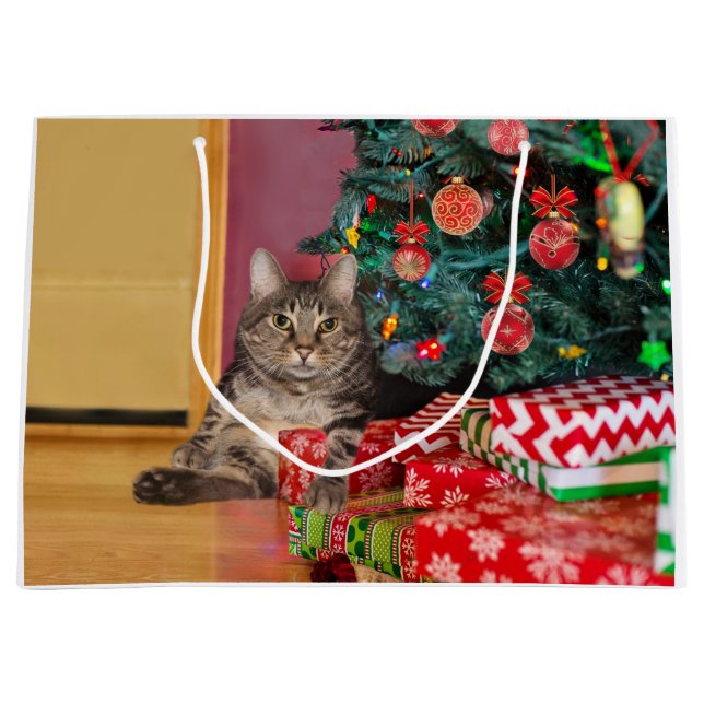 Tabby kitty cat Christmas Large Gift Bag (Front)