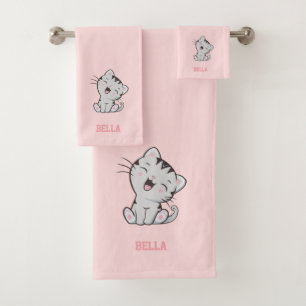 Tabby Kitty Cat & Name Text on Light Pink Bath Towel Set