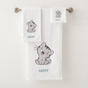 Tabby Kitty Cat & Name Text on White Bath Towel Set
