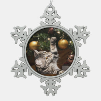 Tabby kitty Christmas play Snowflake Pewter Christmas Ornament