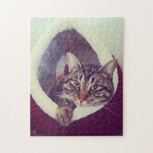 Tabby Kitty In Hut Close-Up Photograph Jigsaw Puzzle