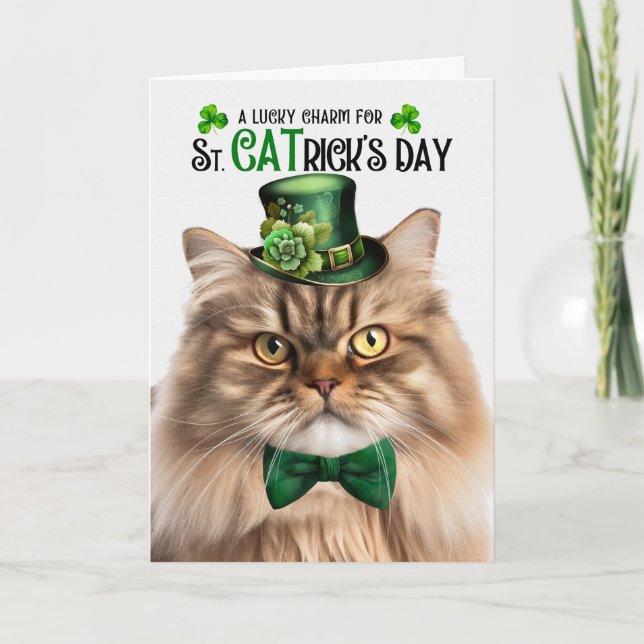Tabby Persian Cat Lucky Charm St CATrick's Day Holiday Card (Front)