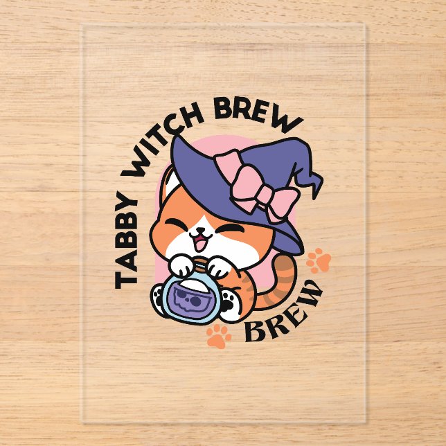 Tabby Witch Brew – Cute Halloween Cat Design Acrylic Invitations (Front)
