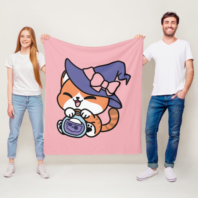 Tabby Witch Brew – Cute Halloween Cat Design Fleece Blanket (In Situ)