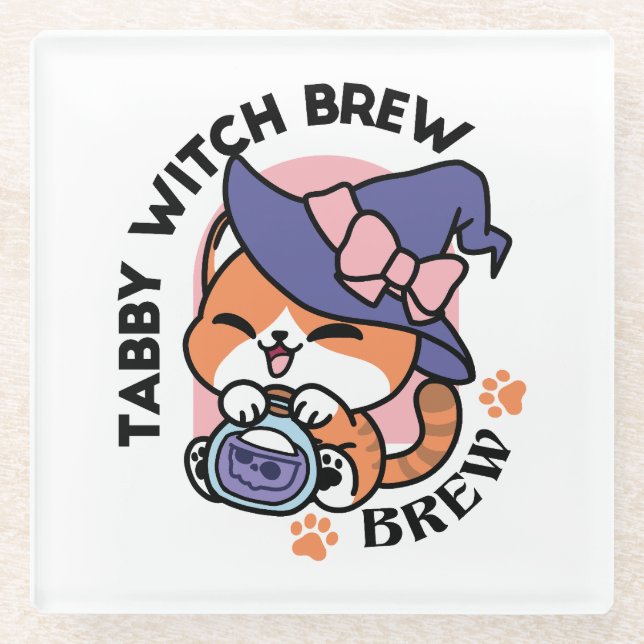 Tabby Witch Brew – Cute Halloween Cat Design Glass Coaster (Front)