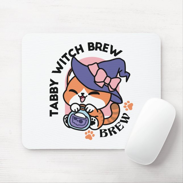 Tabby Witch Brew – Cute Halloween Cat Design Mouse Mat (With Mouse)