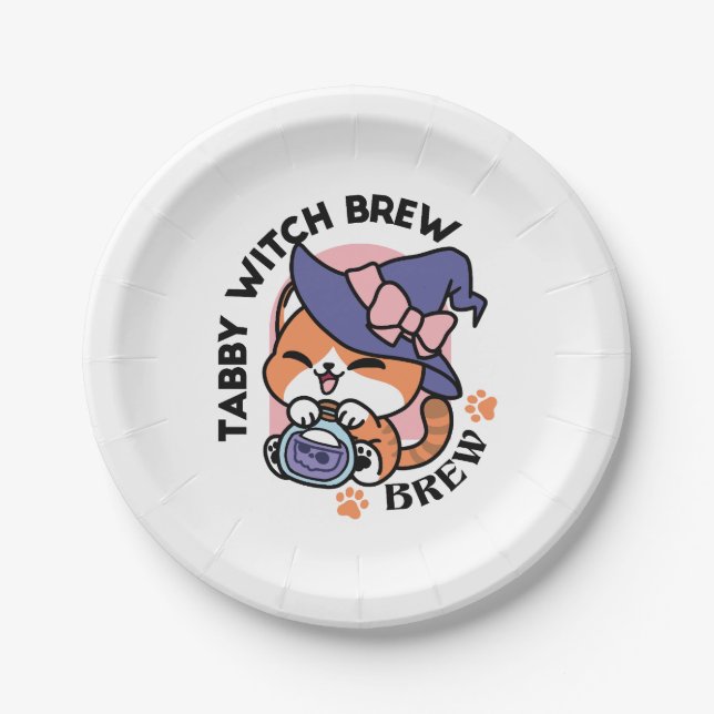 Tabby Witch Brew – Cute Halloween Cat Design Paper Plate (Front)