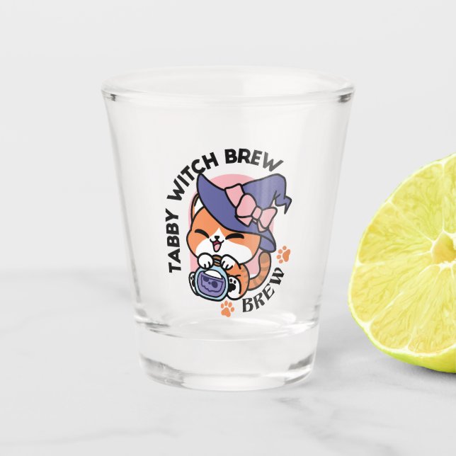 Tabby Witch Brew – Cute Halloween Cat Design Shot Glass (Front)