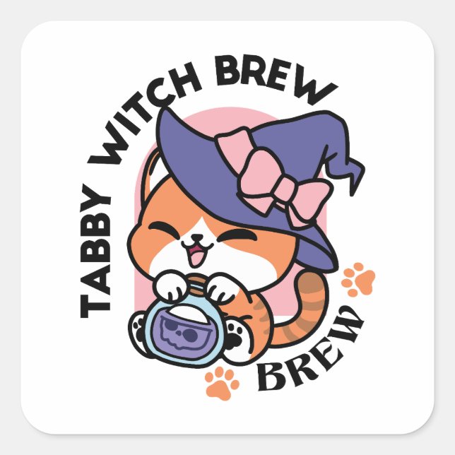 Tabby Witch Brew – Cute Halloween Cat Design Square Sticker (Front)