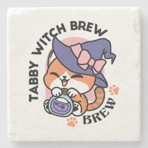 Tabby Witch Brew – Cute Halloween Cat Design Stone Coaster