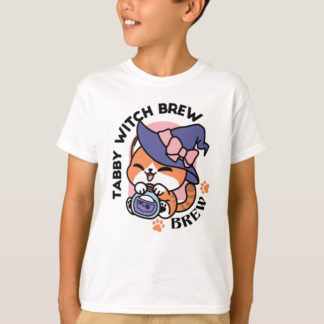 Tabby Witch Brew – Cute Halloween Cat Design T-Shirt (Front)