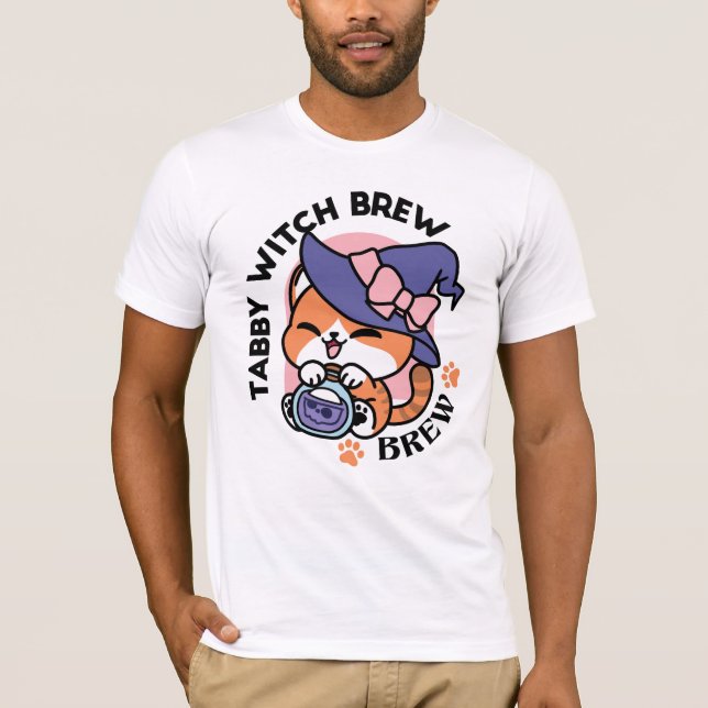 Tabby Witch Brew – Cute Halloween Cat Design T-Shirt (Front)