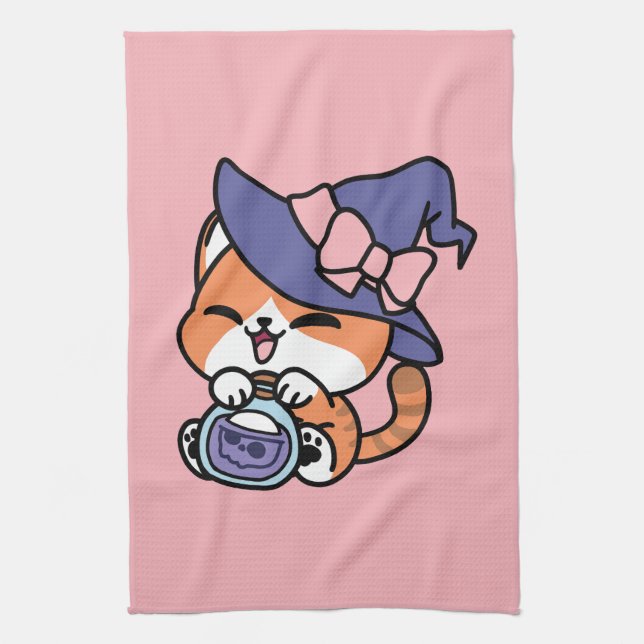 Tabby Witch Brew – Cute Halloween Cat Design Tea Towel (Vertical)