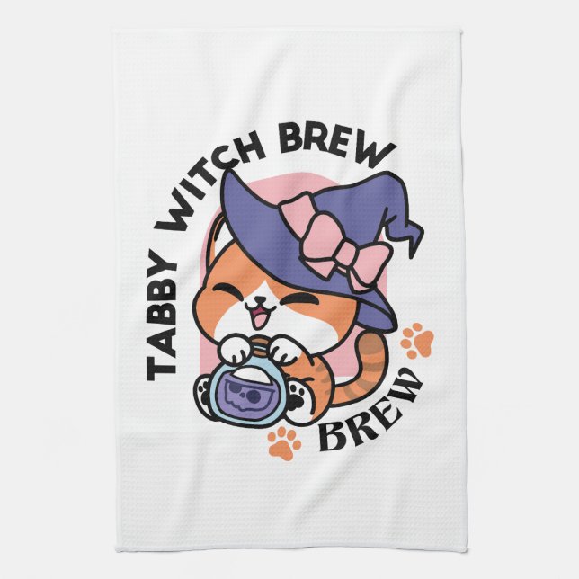 Tabby Witch Brew – Cute Halloween Cat Design Tea Towel (Vertical)