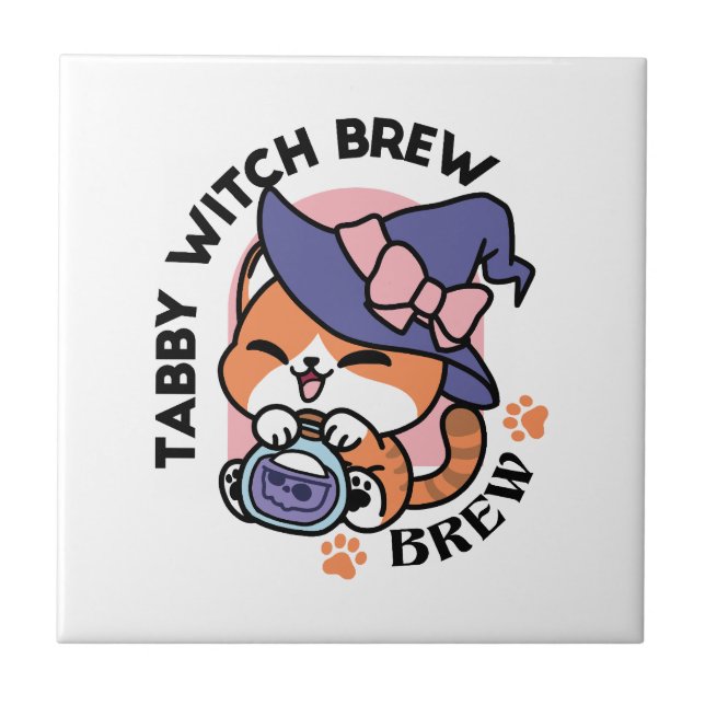 Tabby Witch Brew – Cute Halloween Cat Design Tile (Front)