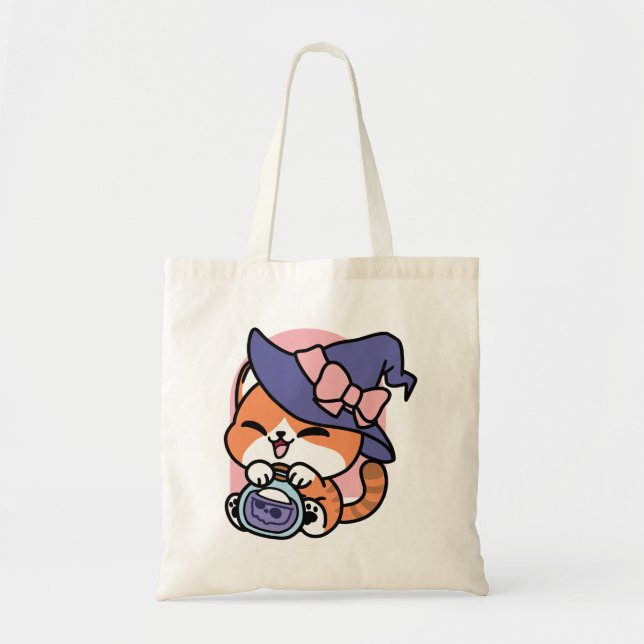 Tabby Witch Brew – Cute Halloween Cat Design Tote Bag (Front)