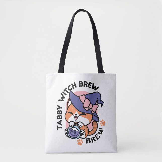 Tabby Witch Brew – Cute Halloween Cat Design Tote Bag (Front)