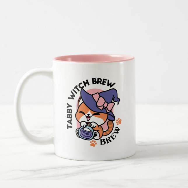 Tabby Witch Brew – Cute Halloween Cat Design Two-Tone Coffee Mug (Left)