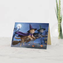 Tabby Witches Halloween Greeting Card