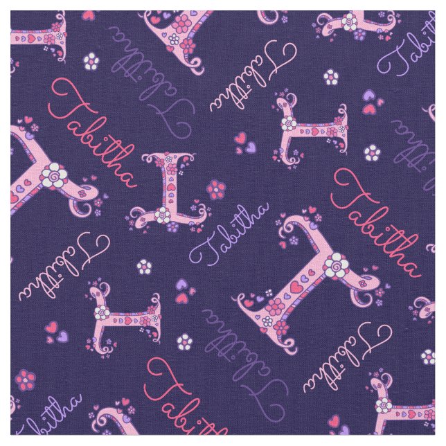 Tabitha letter T monogram heart flowers fabric (Close Up)