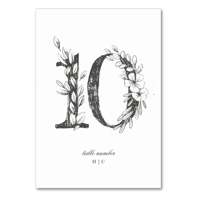 Table 10 Beautiful Floral Sketched Wreath Wedding Table Number (Front)