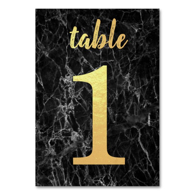 Table 1 Black Marble Faux Gold Foil Simple Elegant Table Number (Front)