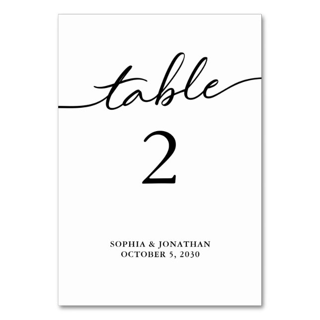 Table 2 Black Calligraphy Personalised Wedding Table Number (Front)