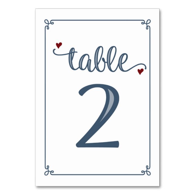 "Table 2" Dusty Blue & Dark Red Table Number (Front)