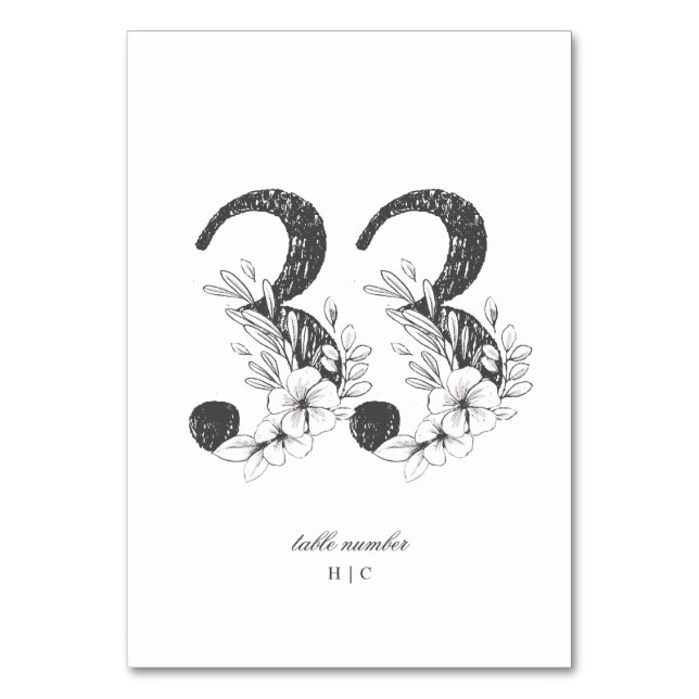 Table 33 Beautiful Floral Sketched Wreath Wedding Table Number (Front)