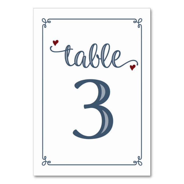 "Table 3" Dusty Blue & Dark Red Table Number (Front)