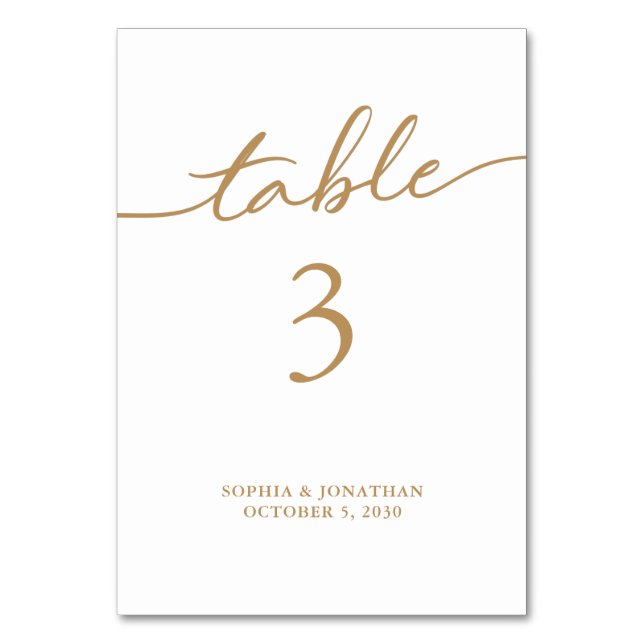 Table 3 Gold Calligraphy Personalised Wedding Table Number (Front)