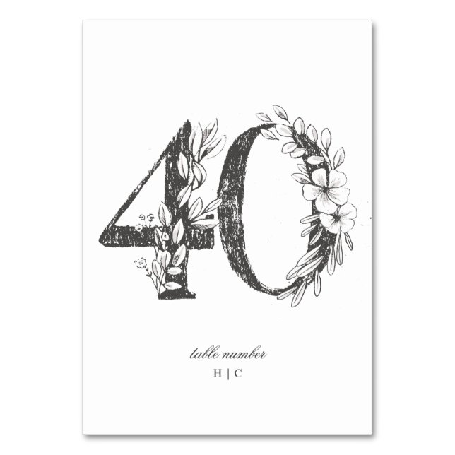 Table 40 Beautiful Floral Sketched Wreath Wedding Table Number (Front)
