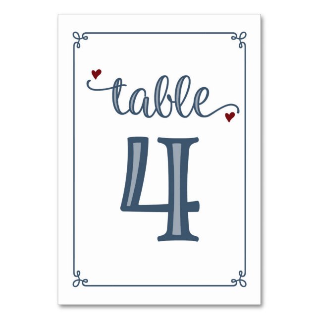 "Table 4" Dusty Blue & Dark Red Table Number (Front)