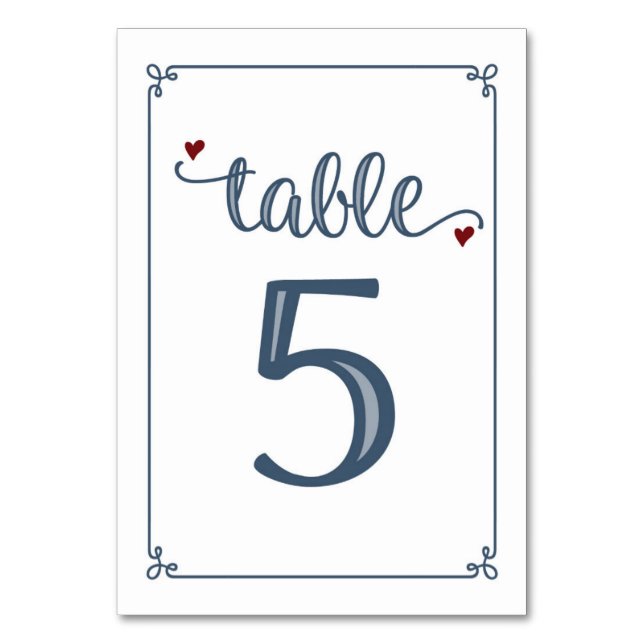 "Table 5" Dusty Blue & Dark Red Table Number (Front)